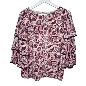 Loft Pink Floral Bell Sleeve Ruffle Top Blouse Women’s Medium